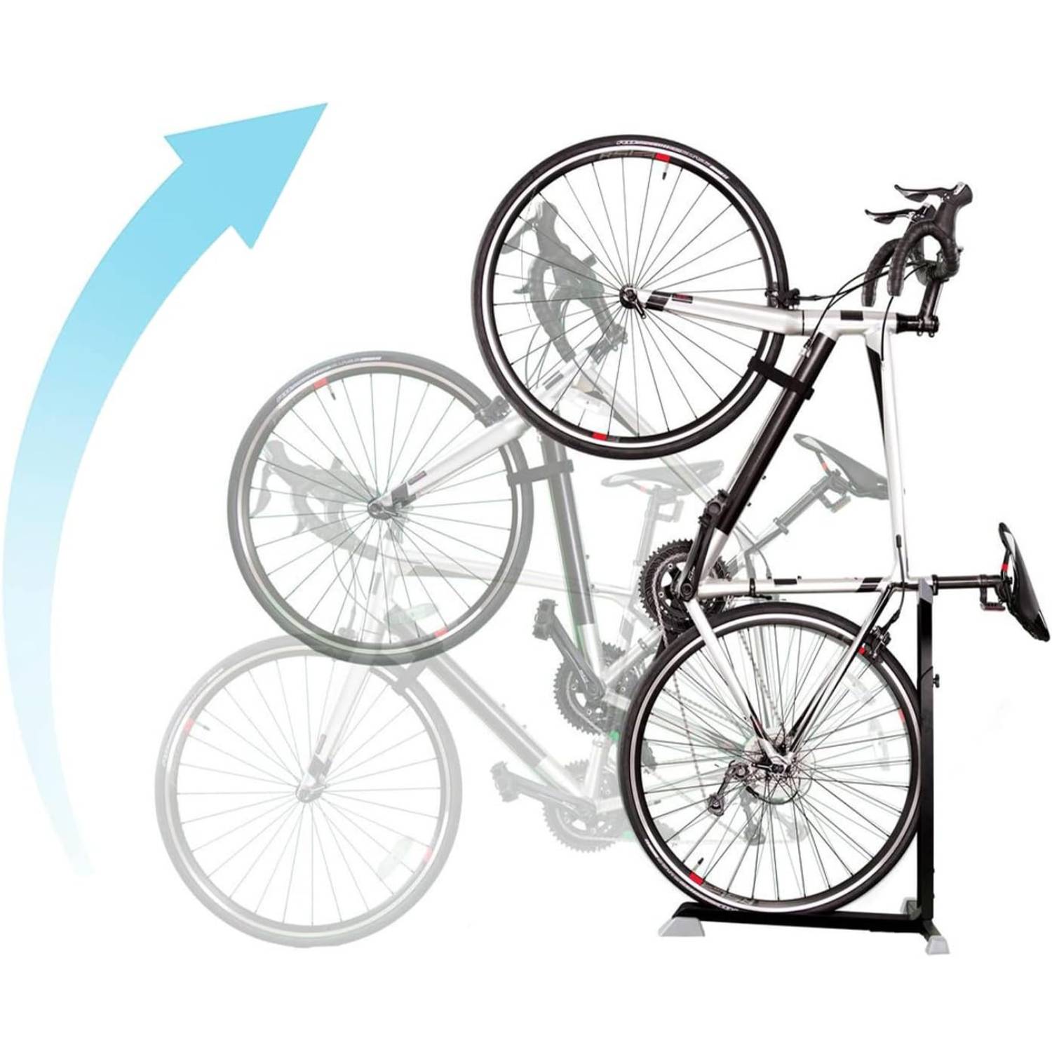 Freestanding vertical bike storage with the bike standing on end
